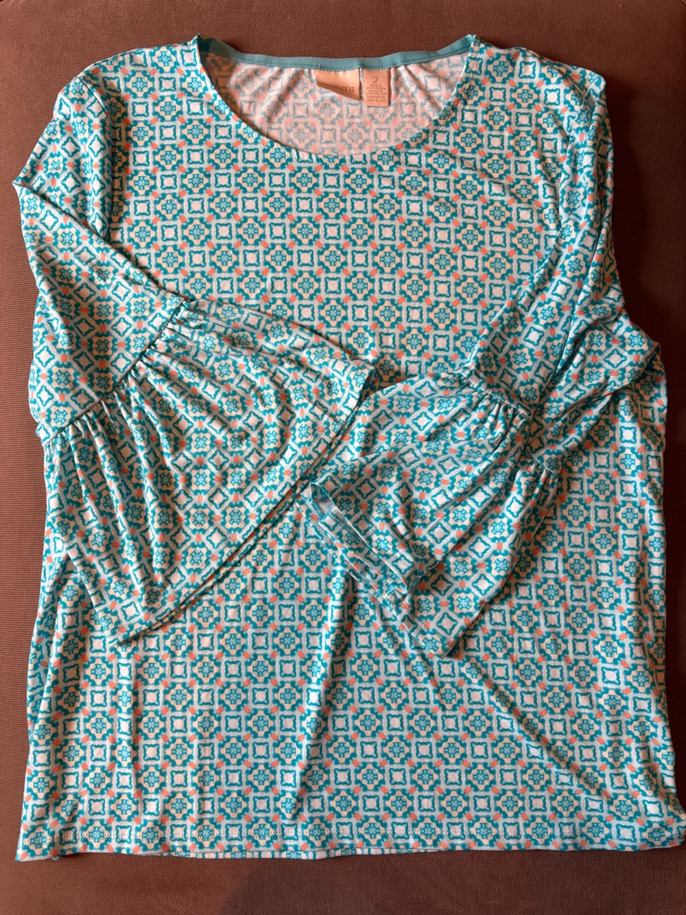 Chico's Teal and White Geometric Ruffle-Sleeve Long Sleeve Top